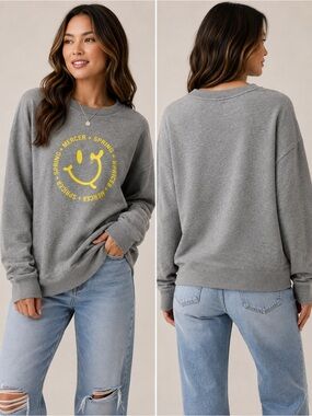 Spring + Mercer Smiley Face Gray Oversized Crewneck Sweatshirt XL NWT
